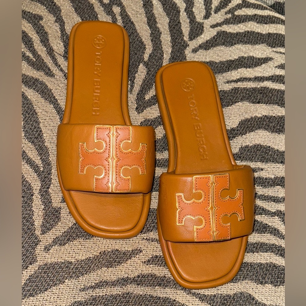 Tory Burch Tan Sport Leather Slides with Gold Detailing Double T size 7